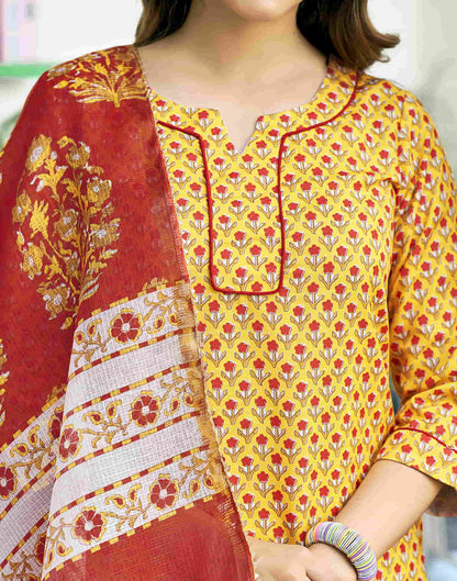 Yellow Printed Rayon Straight Kurta With Pant And Dupatta