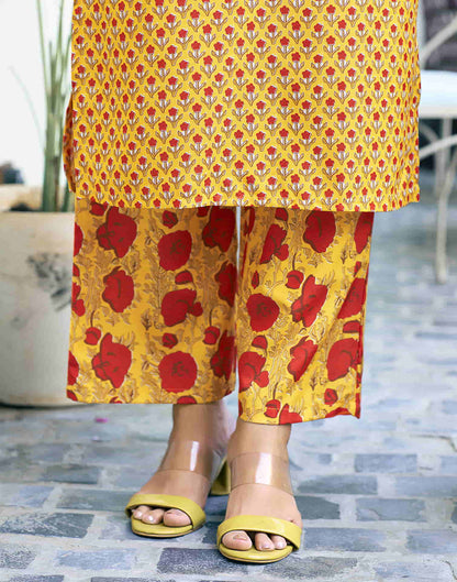 Yellow Printed Rayon Straight Kurta With Pant And Dupatta