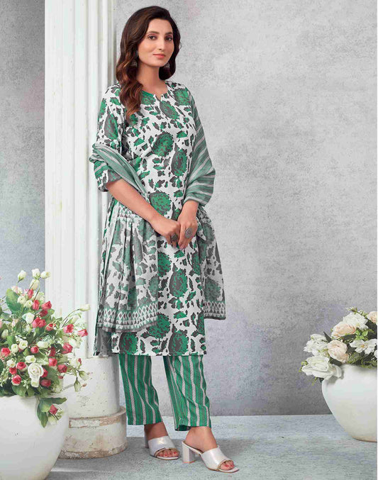 White Rayon Printed Kurta Set With Dupatta