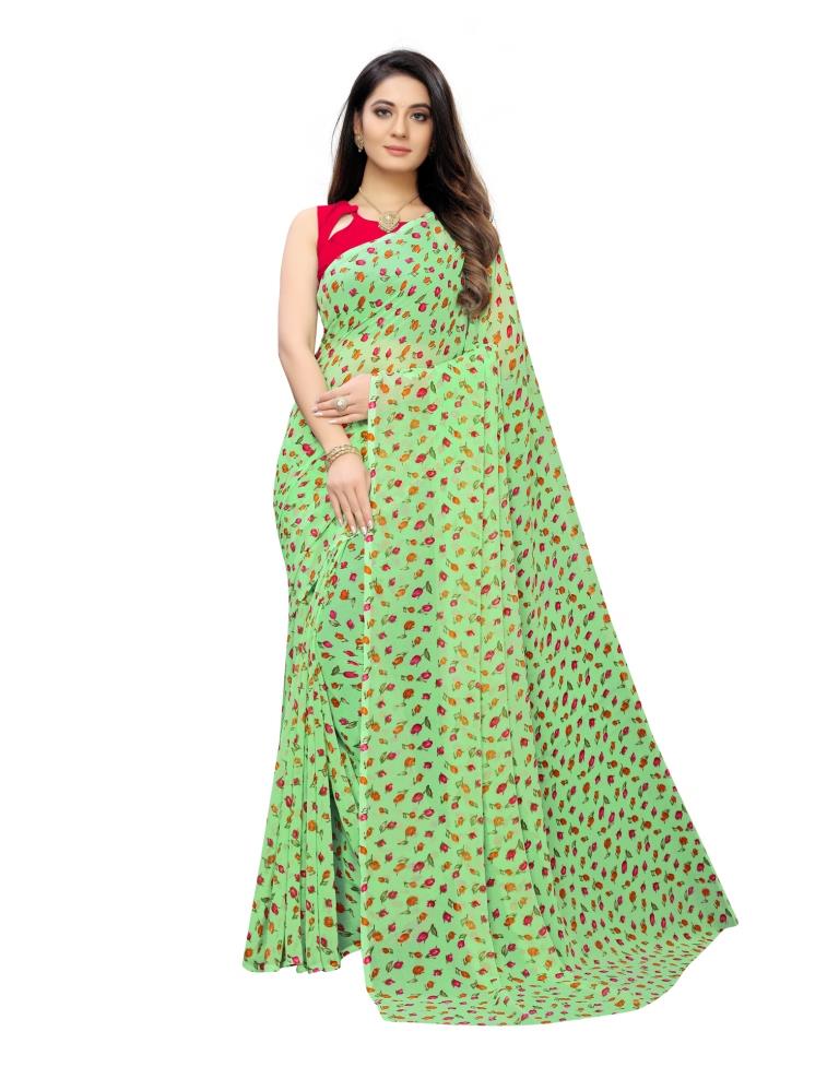 Lime Green Coloured Printed Georgette Saree | Sudathi