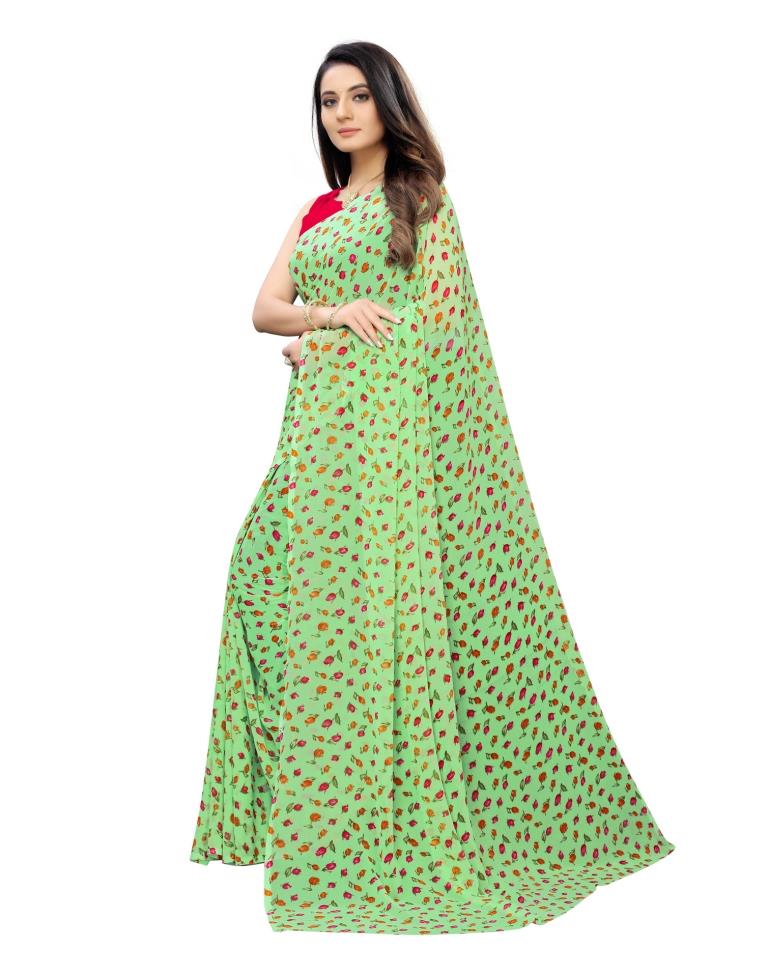 Lime Green Coloured Printed Georgette Saree | Sudathi