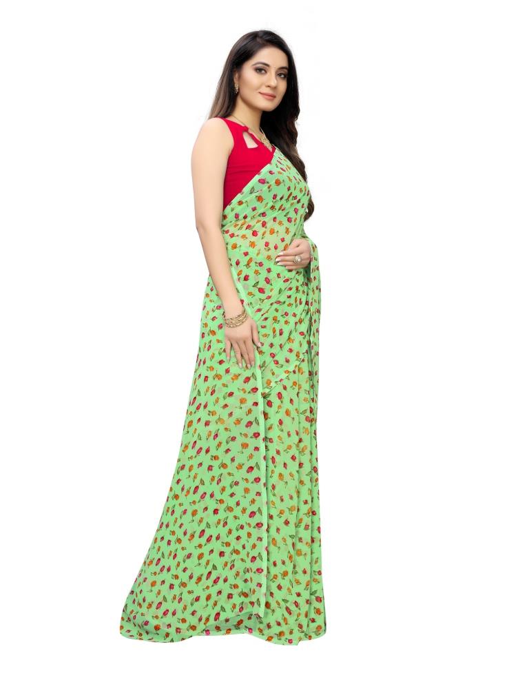 Lime Green Coloured Printed Georgette Saree | Sudathi