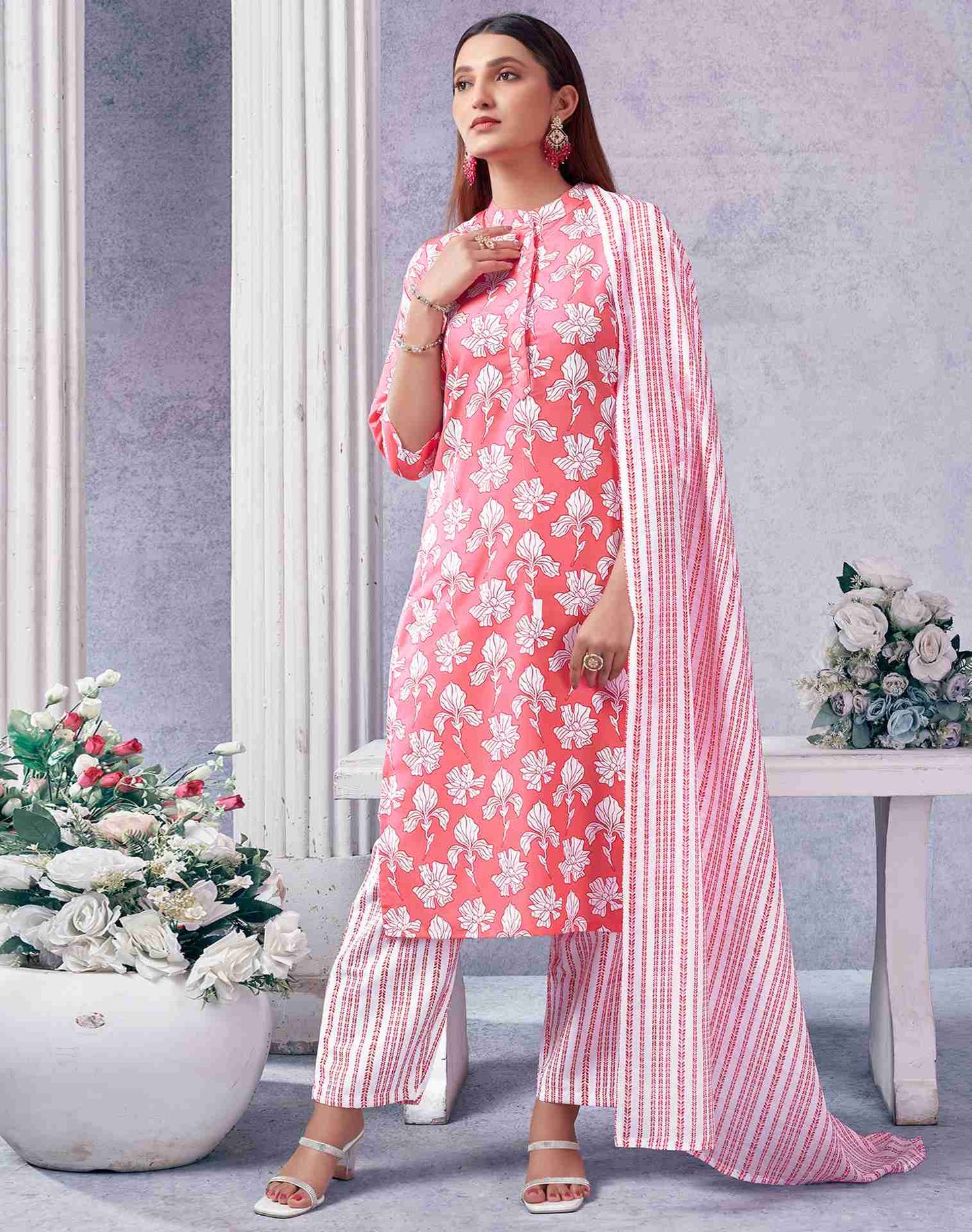 Pink Rayon Printed Kurta Set With Dupatta