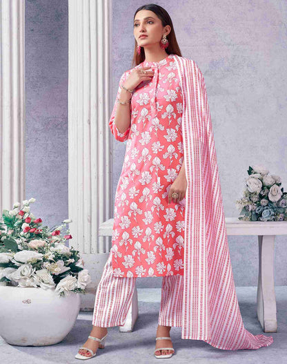 Pink Rayon Printed Kurta Set With Dupatta