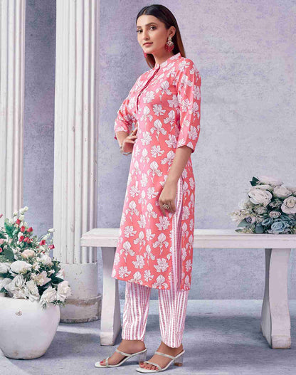 Pink Rayon Printed Kurta Set With Dupatta