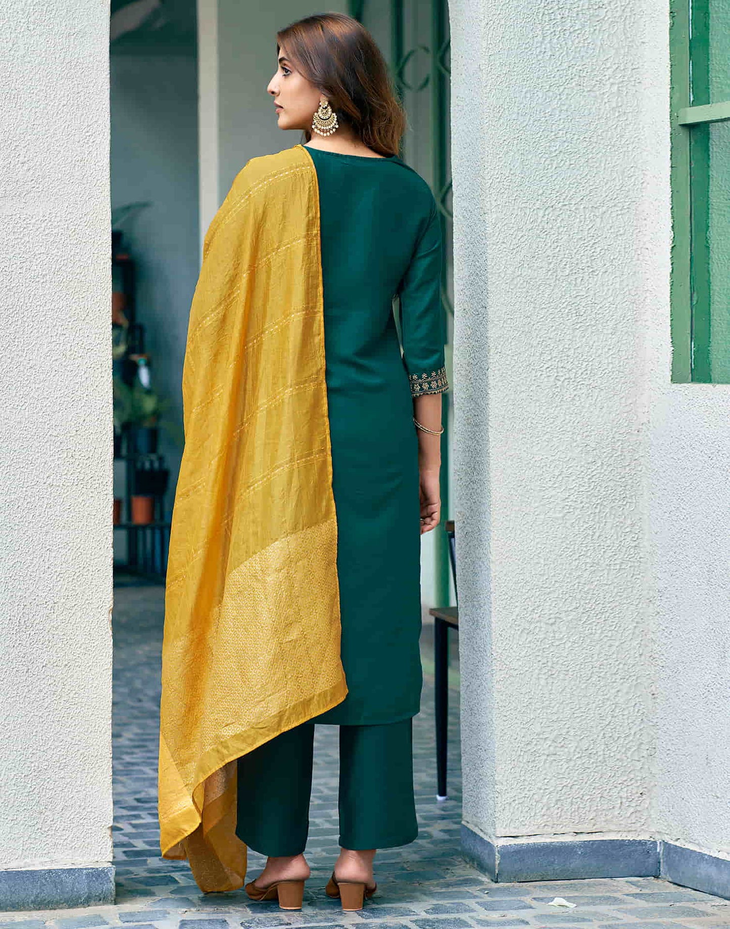 Bottle Green Embroidery Silk Straight Kurta With Pant And Dupatta