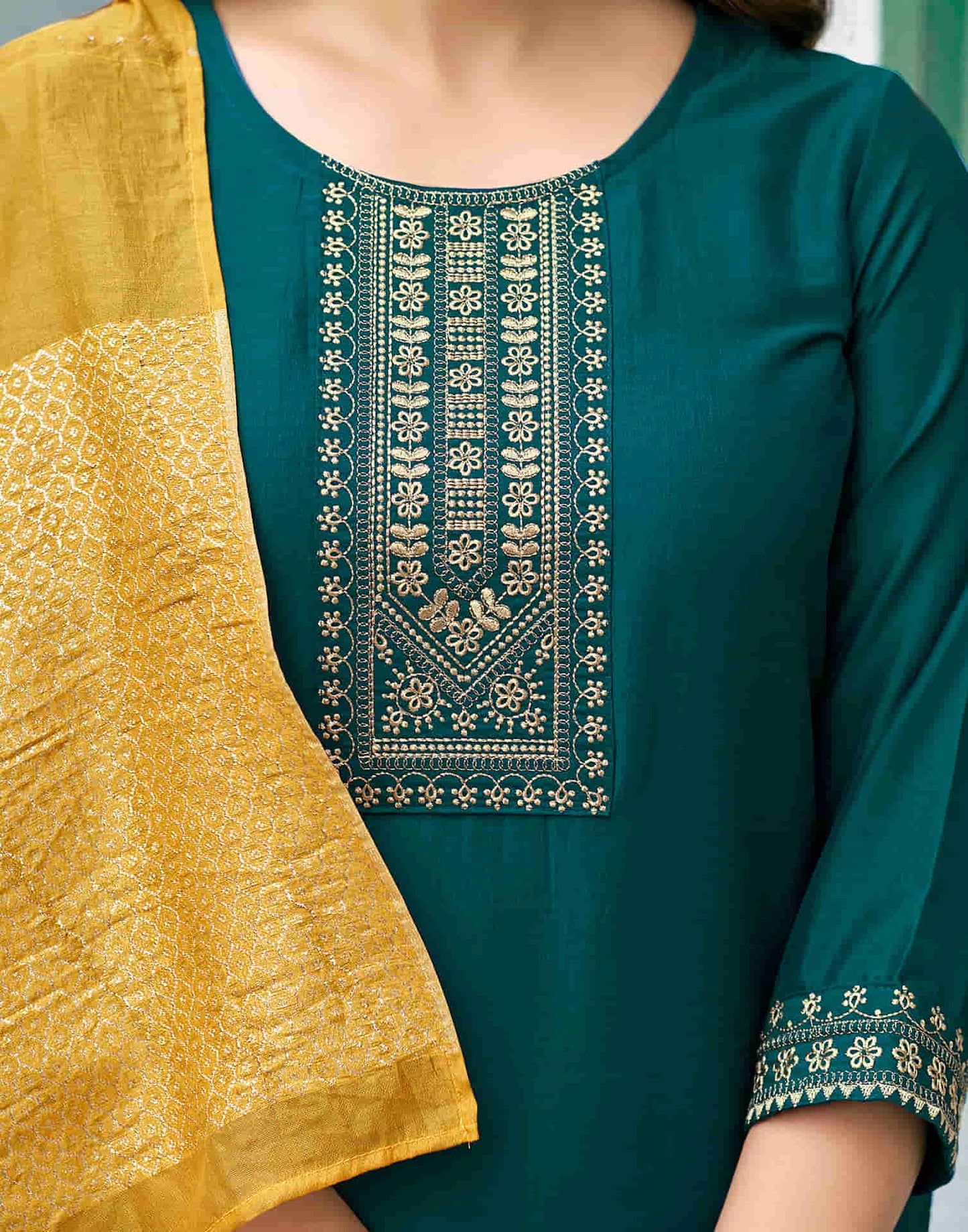 Bottle Green Embroidery Silk Straight Kurta With Pant And Dupatta