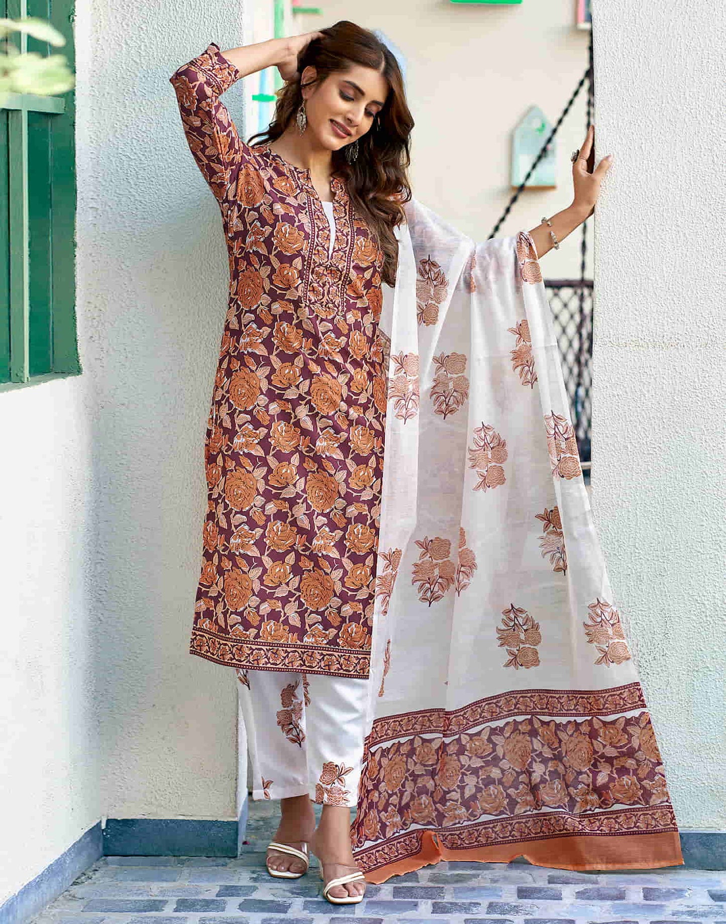 Maroon Printed Rayon Straight Kurta With Pant And Dupatta