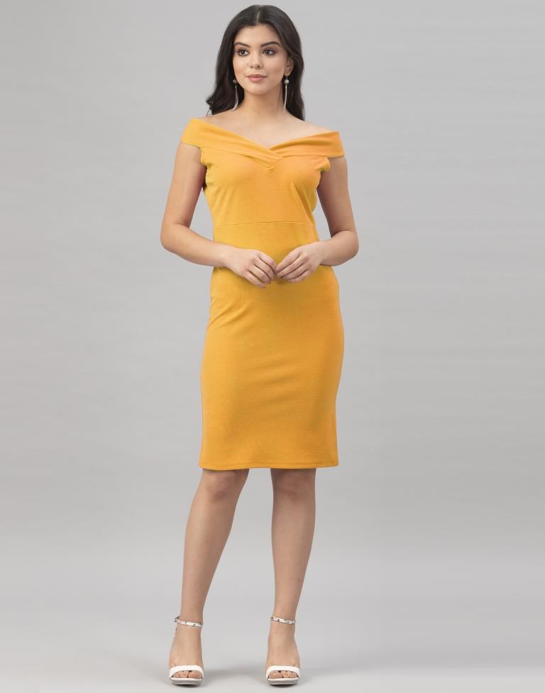 Mustard Yellow Coloured Knitted Lycra Dress | Leemboodi