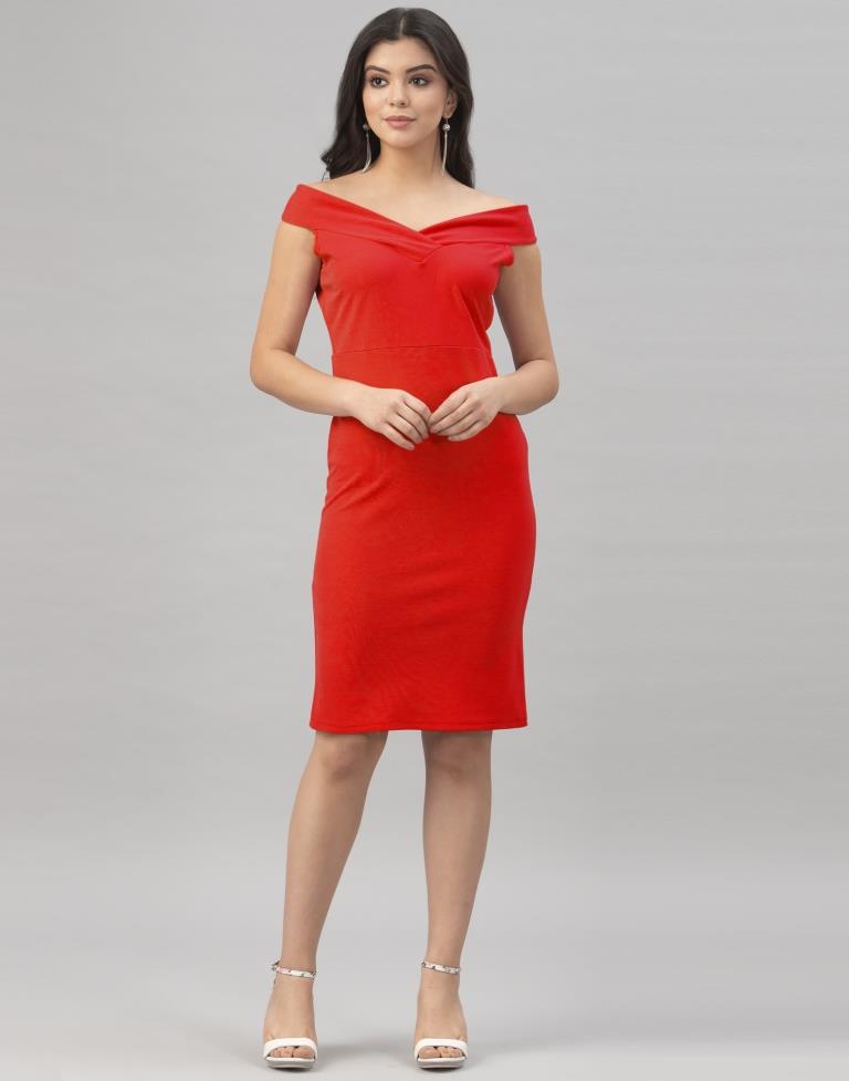 Red Coloured Knitted Lycra Bodycon | Sudathi