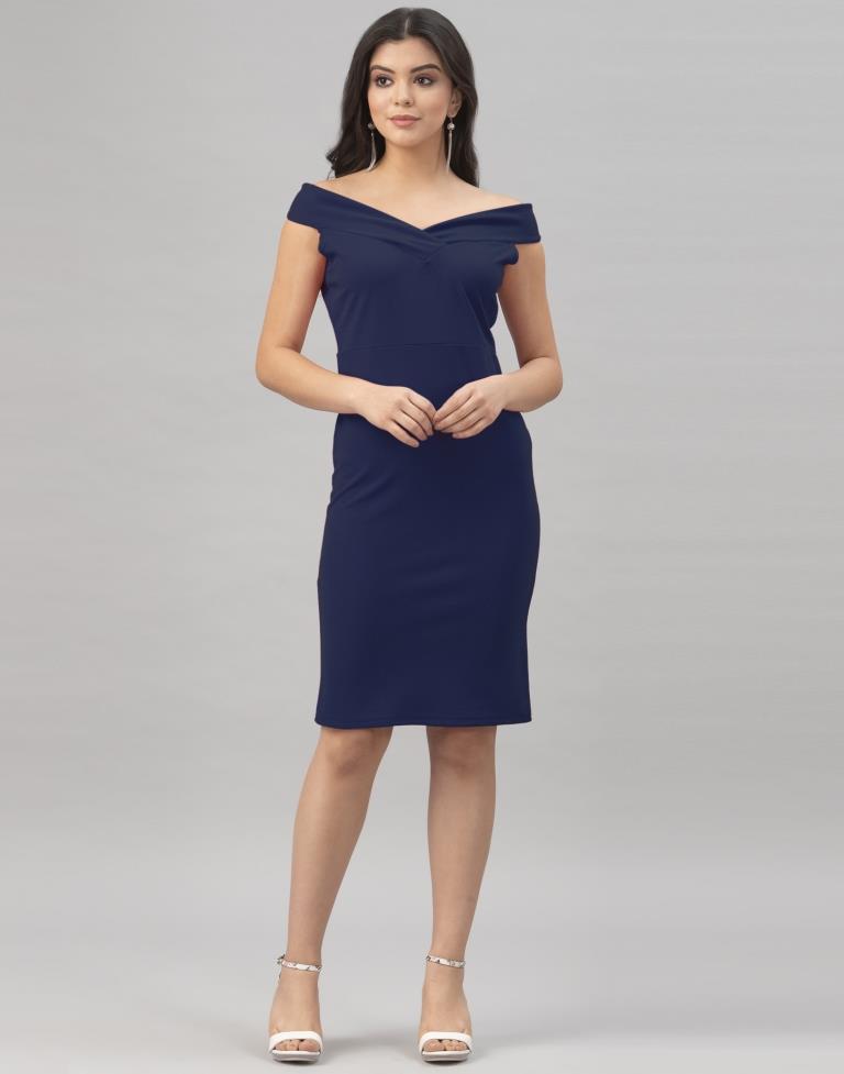 Navy Blue Coloured Knitted Lycra Bodycon | Sudathi