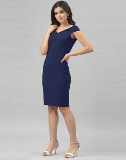 Navy Blue Coloured Knitted Lycra Bodycon | Sudathi