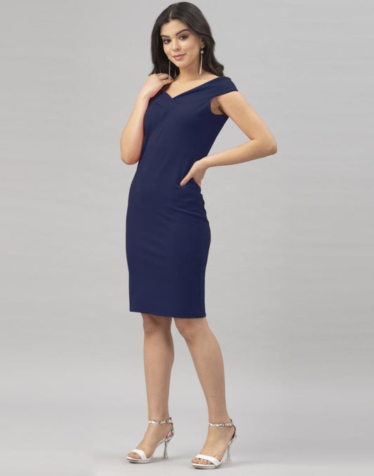 Navy Blue Coloured Knitted Lycra Bodycon | Sudathi