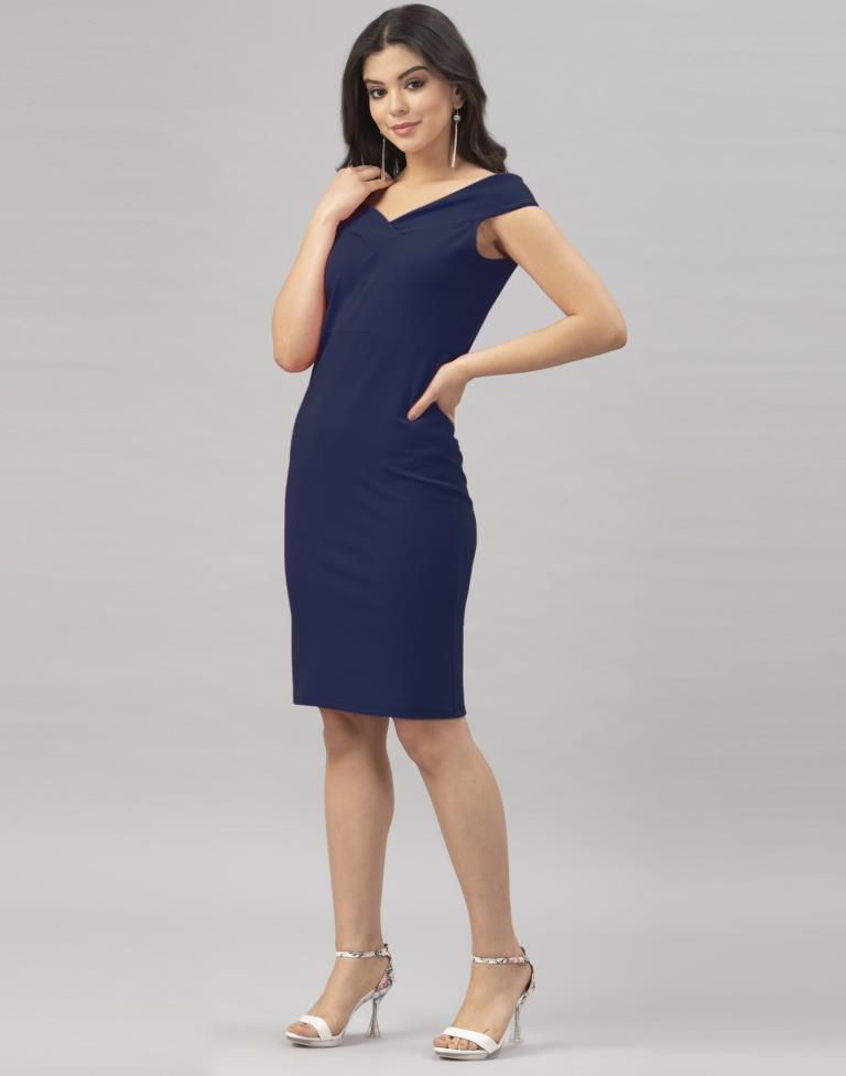 Navy Blue Coloured Knitted Lycra Bodycon | Sudathi