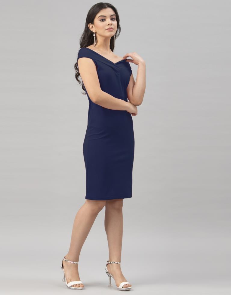 Navy Blue Coloured Knitted Lycra Bodycon | Sudathi