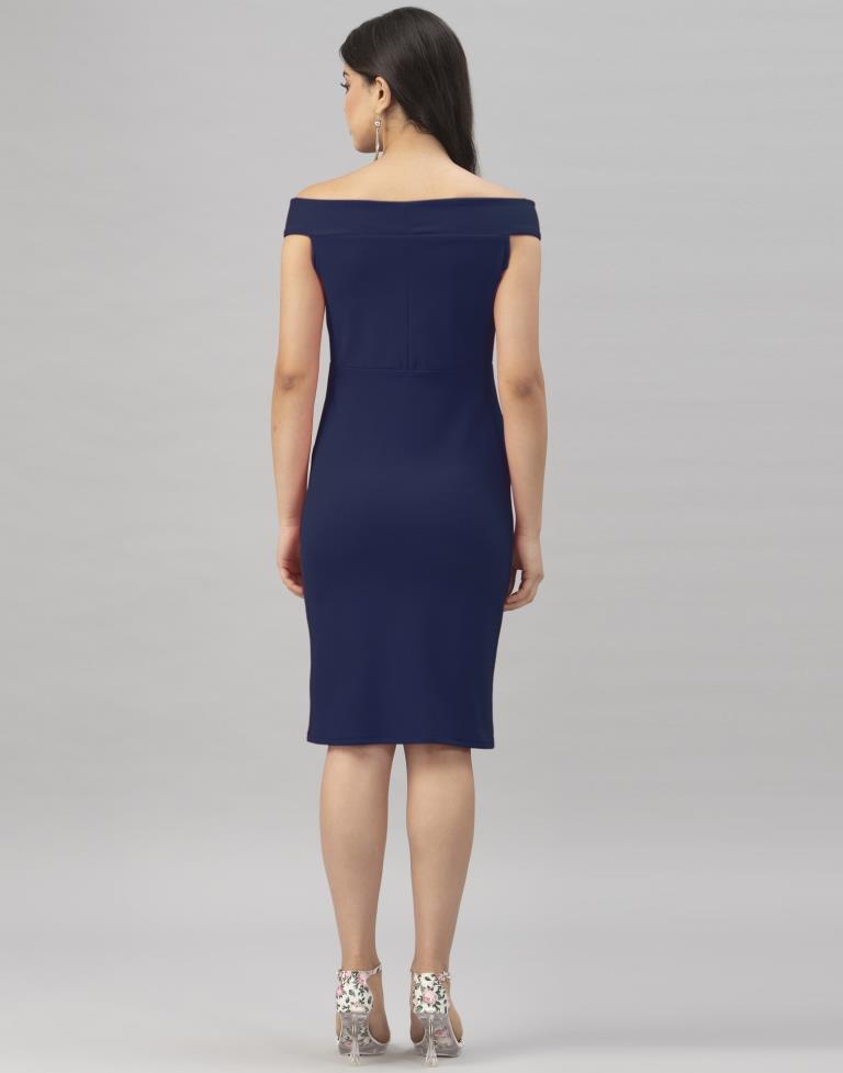 Navy Blue Coloured Knitted Lycra Bodycon | Sudathi