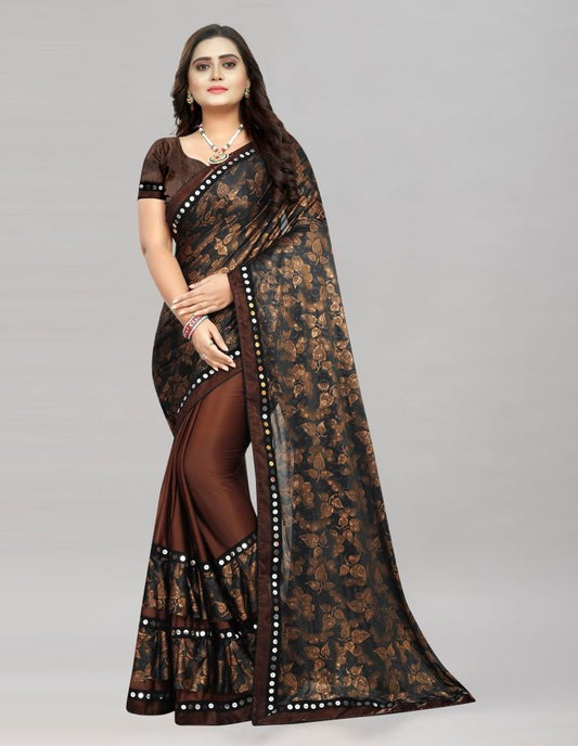 Brown Coloured Lycra Embellished Partywear saree | Leemboodi