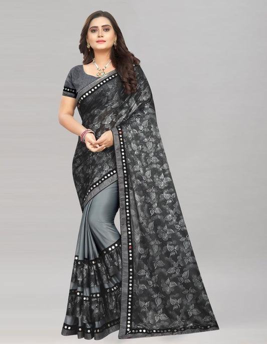 Grey Coloured Lycra Embellished Partywear saree | Leemboodi