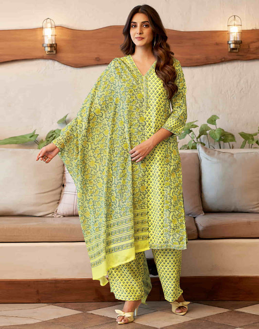 Light Lime Yellow Printed Rayon Straight Kurta With Pant And Dupatta