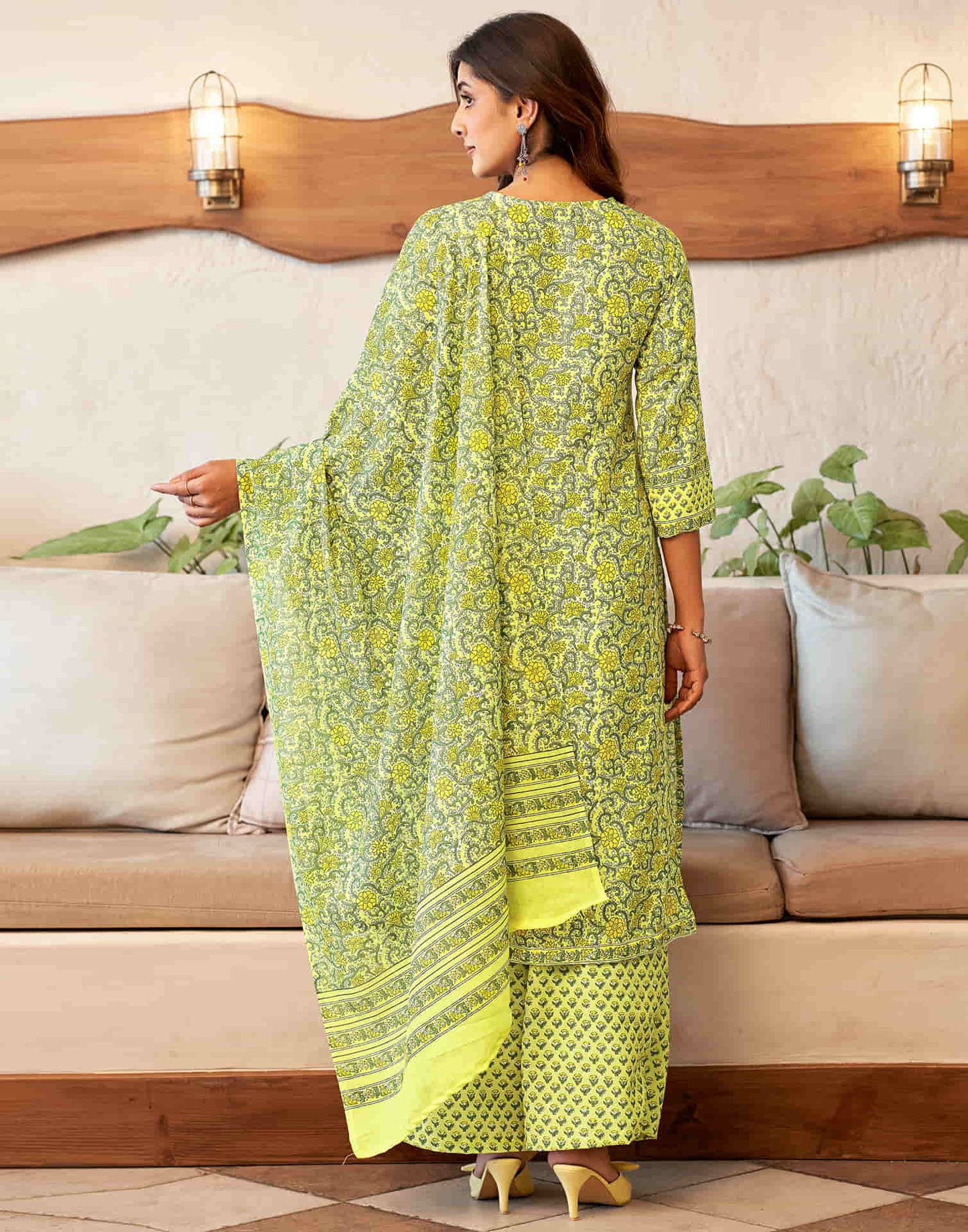 Light Lime Yellow Printed Rayon Straight Kurta With Pant And Dupatta