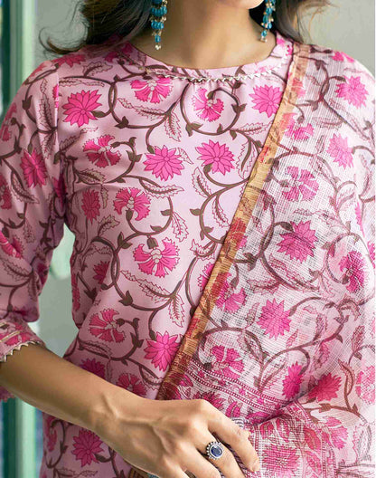 Pink Rayon Printed Kurta Set With Dupatta