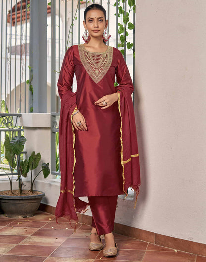 Maroon Sequence Rayon Straight Kurta With Pant And Dupatta