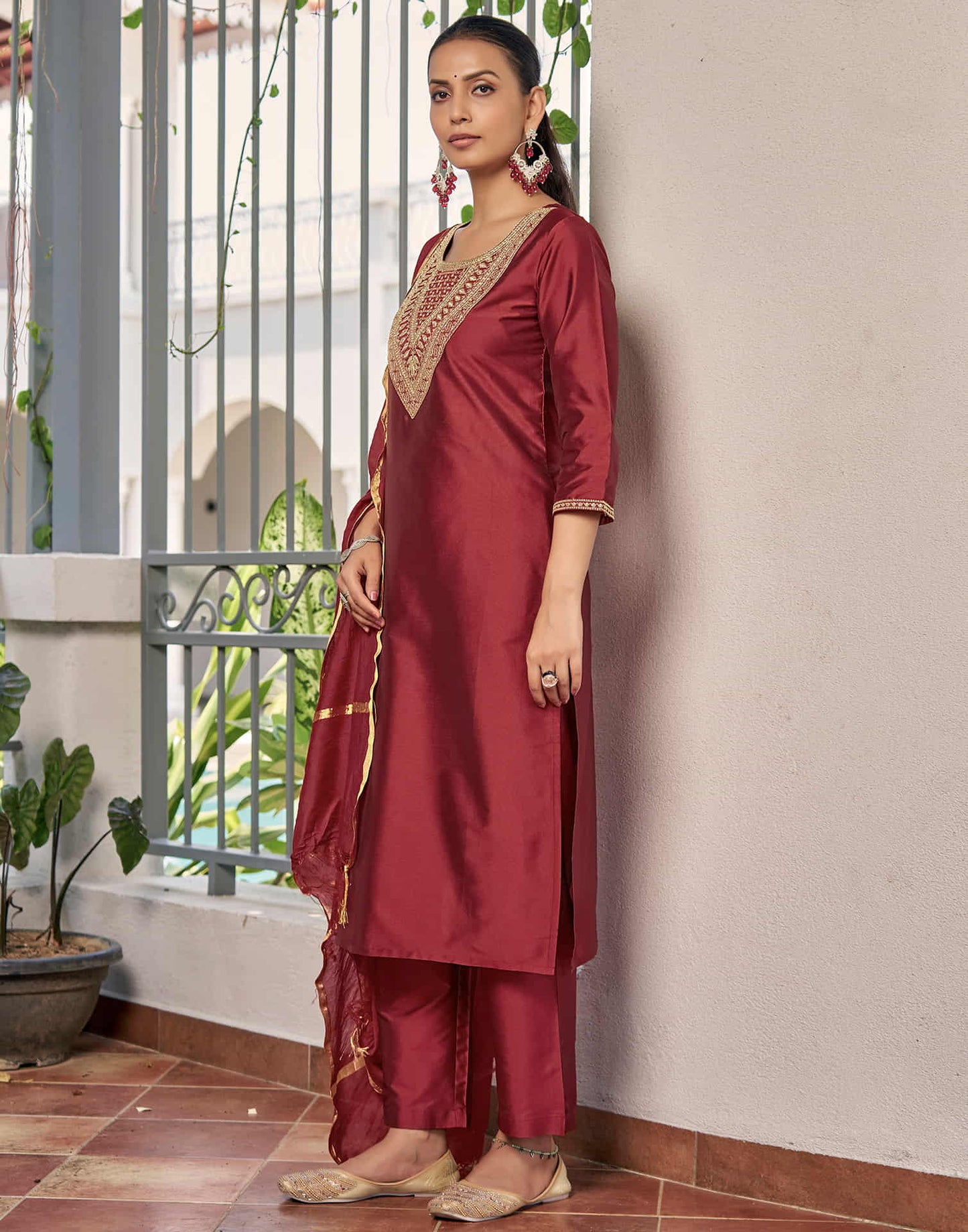 Maroon Sequence Rayon Straight Kurta With Pant And Dupatta