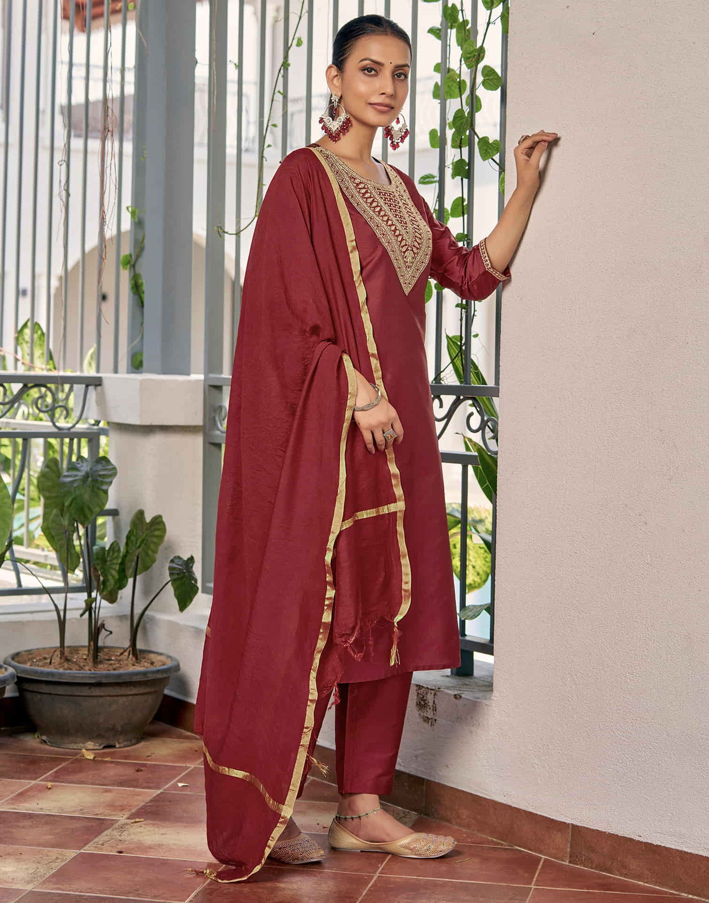 Maroon Sequence Rayon Straight Kurta With Pant And Dupatta