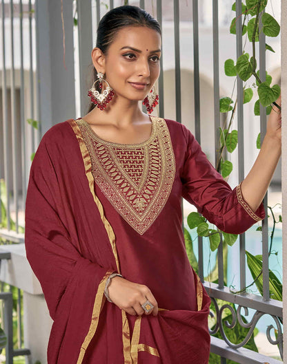 Maroon Sequence Rayon Straight Kurta With Pant And Dupatta