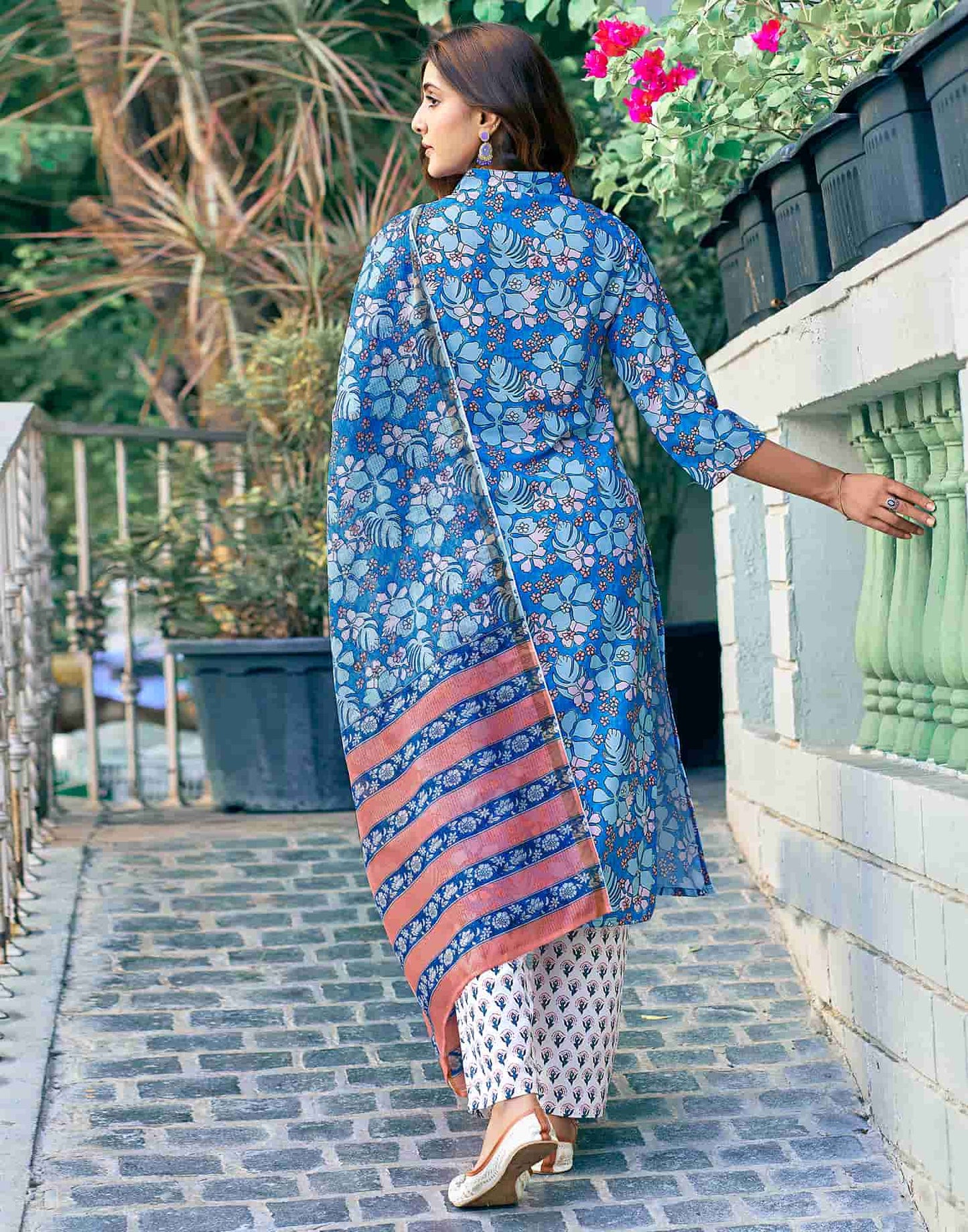 Blue Printed Rayon Straight Kurta With Pant And Dupatta