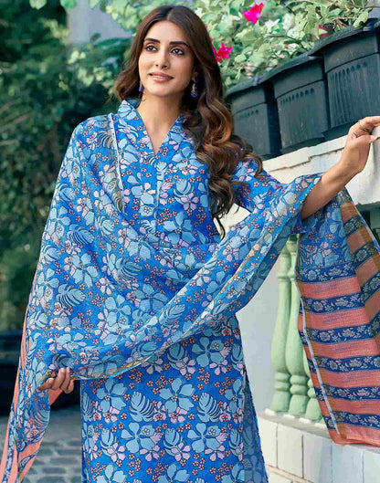 Blue Printed Rayon Straight Kurta With Pant And Dupatta