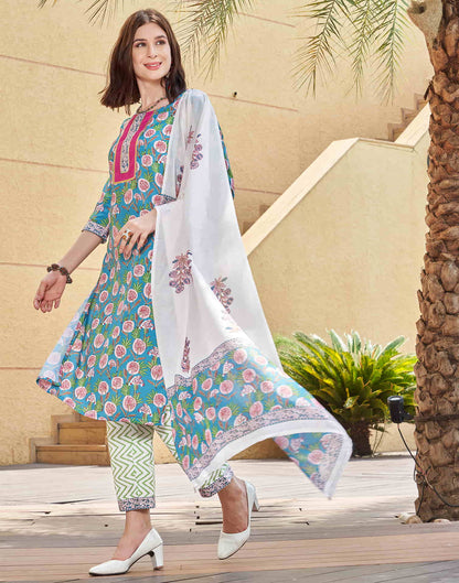 Turquoise Printed Rayon Straight Kurta With Pant And Dupatta