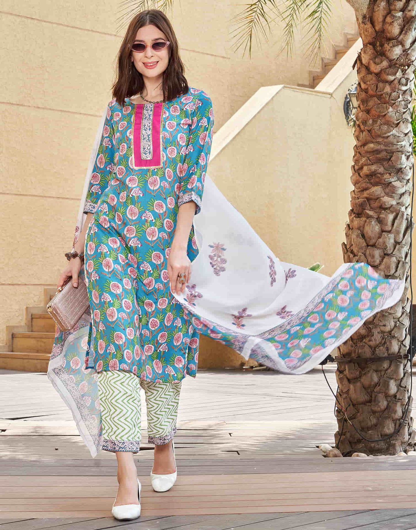 Turquoise Printed Rayon Straight Kurta With Pant And Dupatta