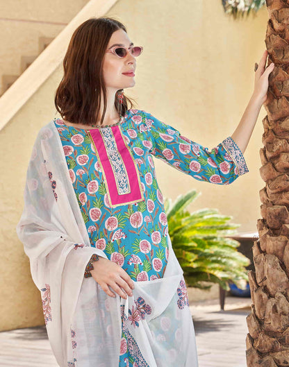 Turquoise Printed Rayon Straight Kurta With Pant And Dupatta