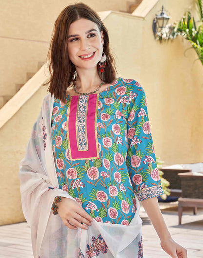 Turquoise Printed Rayon Straight Kurta With Pant And Dupatta