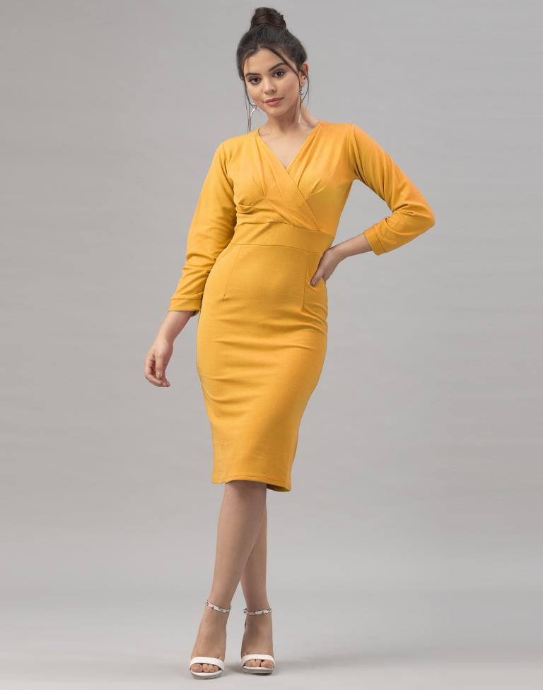 Vintage Mustard Yellow Coloured Knitted Lycra Dress | Leemboodi