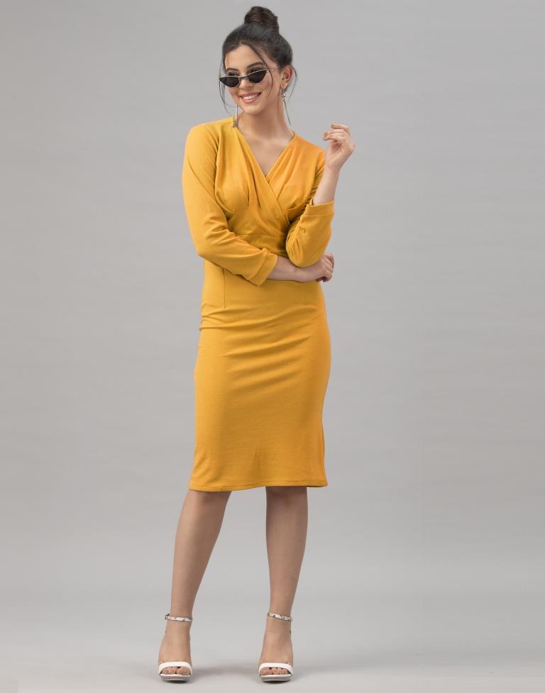 Vintage Mustard Yellow Coloured Knitted Lycra Dress | Leemboodi