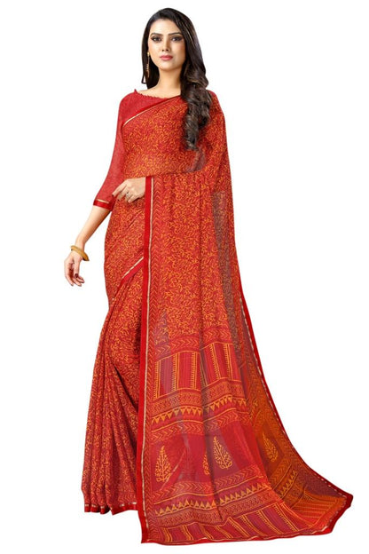 Red Coloured Chiffon Printed Laced Casual saree | Sudathi