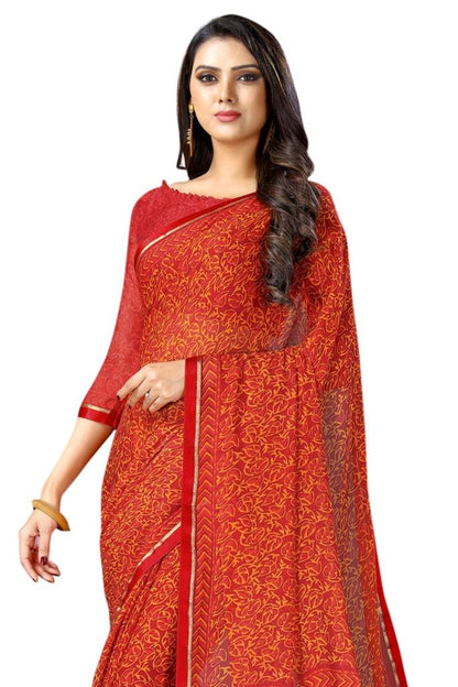 Red Coloured Chiffon Printed Laced Casual saree | Sudathi