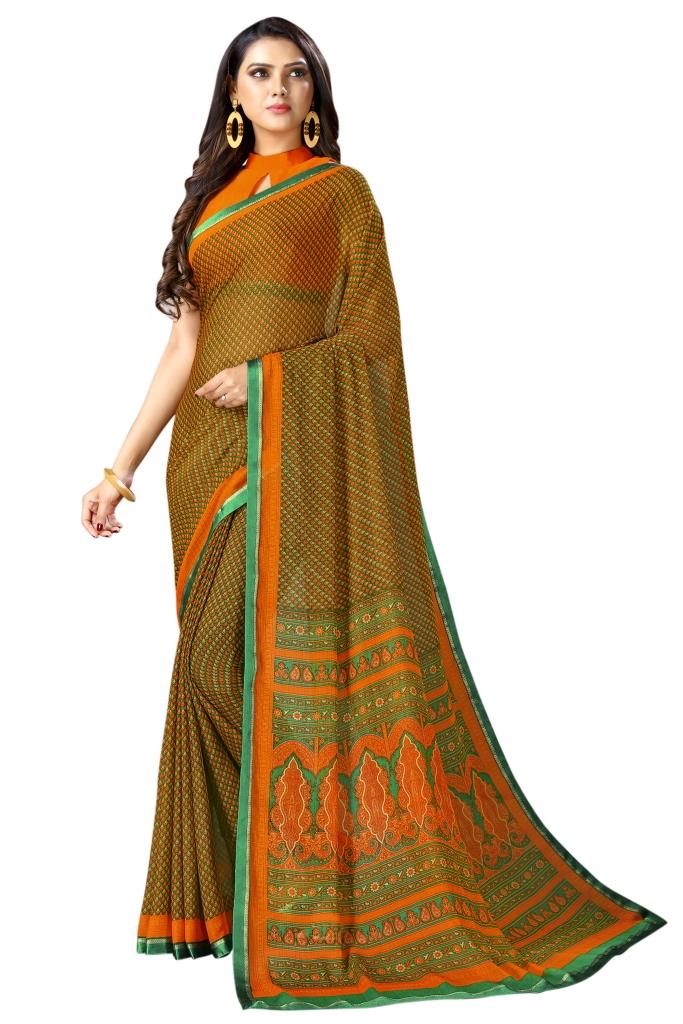 Tiger Orange Coloured Chiffon Printed Casual saree | Leemboodi