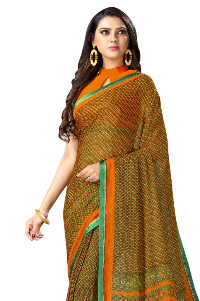 Tiger Orange Coloured Chiffon Printed Casual saree | Leemboodi