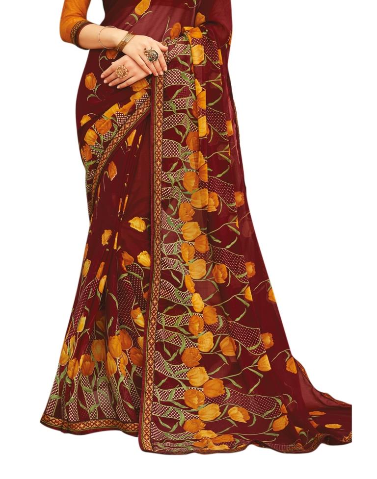 Wine Red Coloured Chiffon Printed Casual saree | Leemboodi