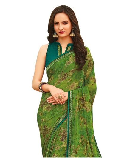Onion Green Coloured Printed Chiffon Saree | Leemboodi