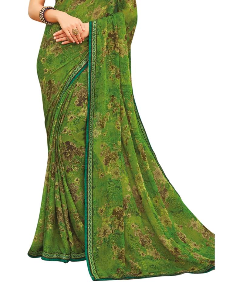 Onion Green Coloured Printed Chiffon Saree | Leemboodi