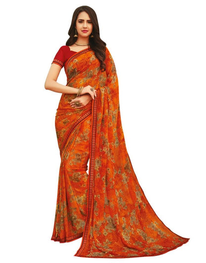 Carrot Orange Coloured Chiffon Printed Casual saree | Leemboodi