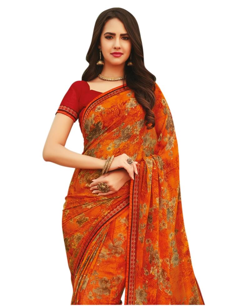 Carrot Orange Coloured Chiffon Printed Casual saree | Leemboodi