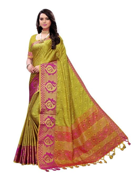 Cadmium Yellow Coloured Poly Silk Jacquard Partywear saree | Leemboodi