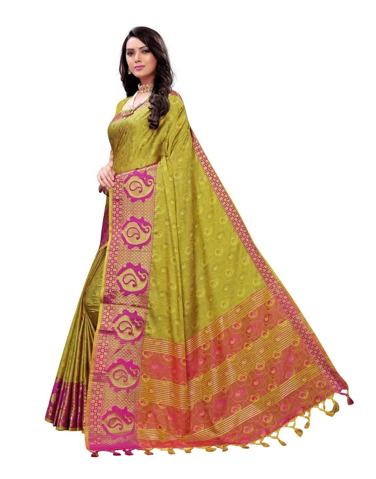 Cadmium Yellow Coloured Poly Silk Jacquard Partywear saree | Leemboodi