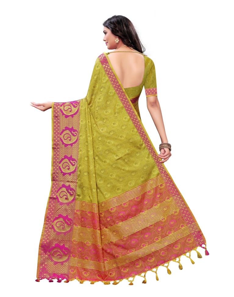 Cadmium Yellow Coloured Poly Silk Jacquard Partywear saree | Leemboodi