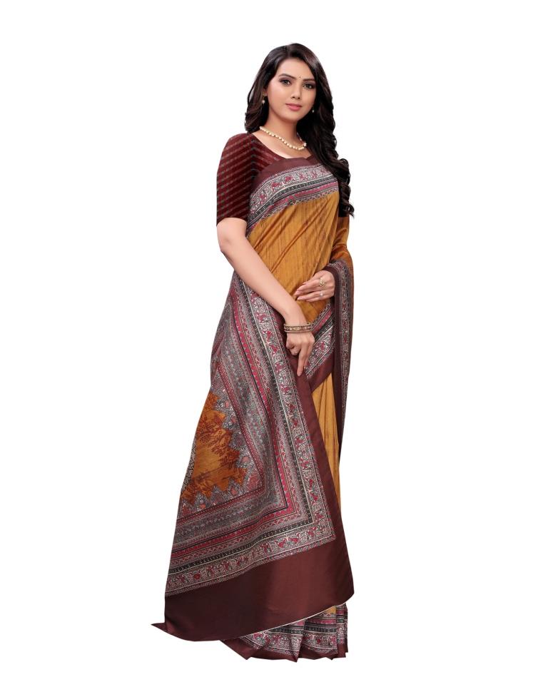 Orange  Printed Silk Saree